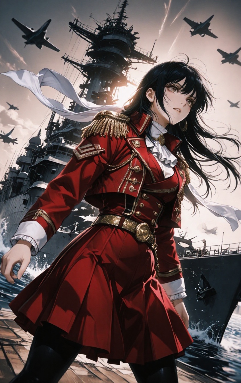An anime warrior is captured in a dynamic tilt low angle action pose,  her body twisting sideways while her long black hai...