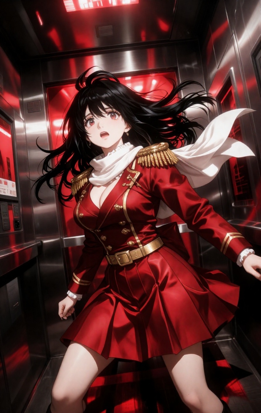 From a low-angle wide-angle perspective inside a plummeting elevator,  an anime warrior braces herself in a tense,  crouch...