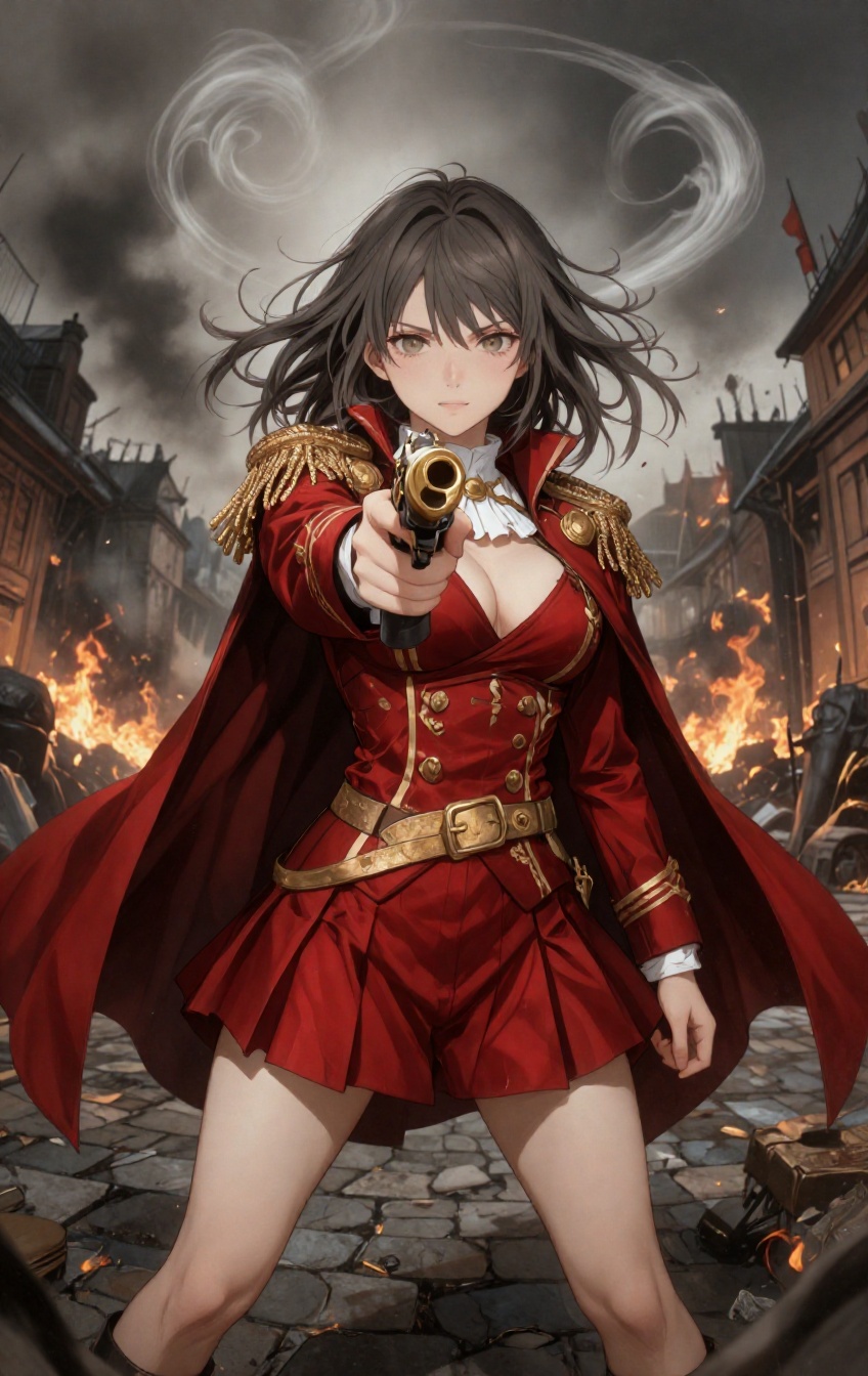A fish-eye lens perspective from a front-facing angle of a majestic leader. an anime warrior wears a tailored scarlet jack...