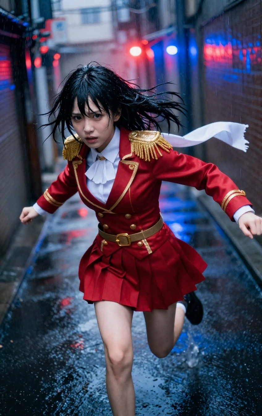 Captured in a high-angle handheld shot,  an anime warrior is frozen mid-stride in a frantic running body posture,  her bod...
