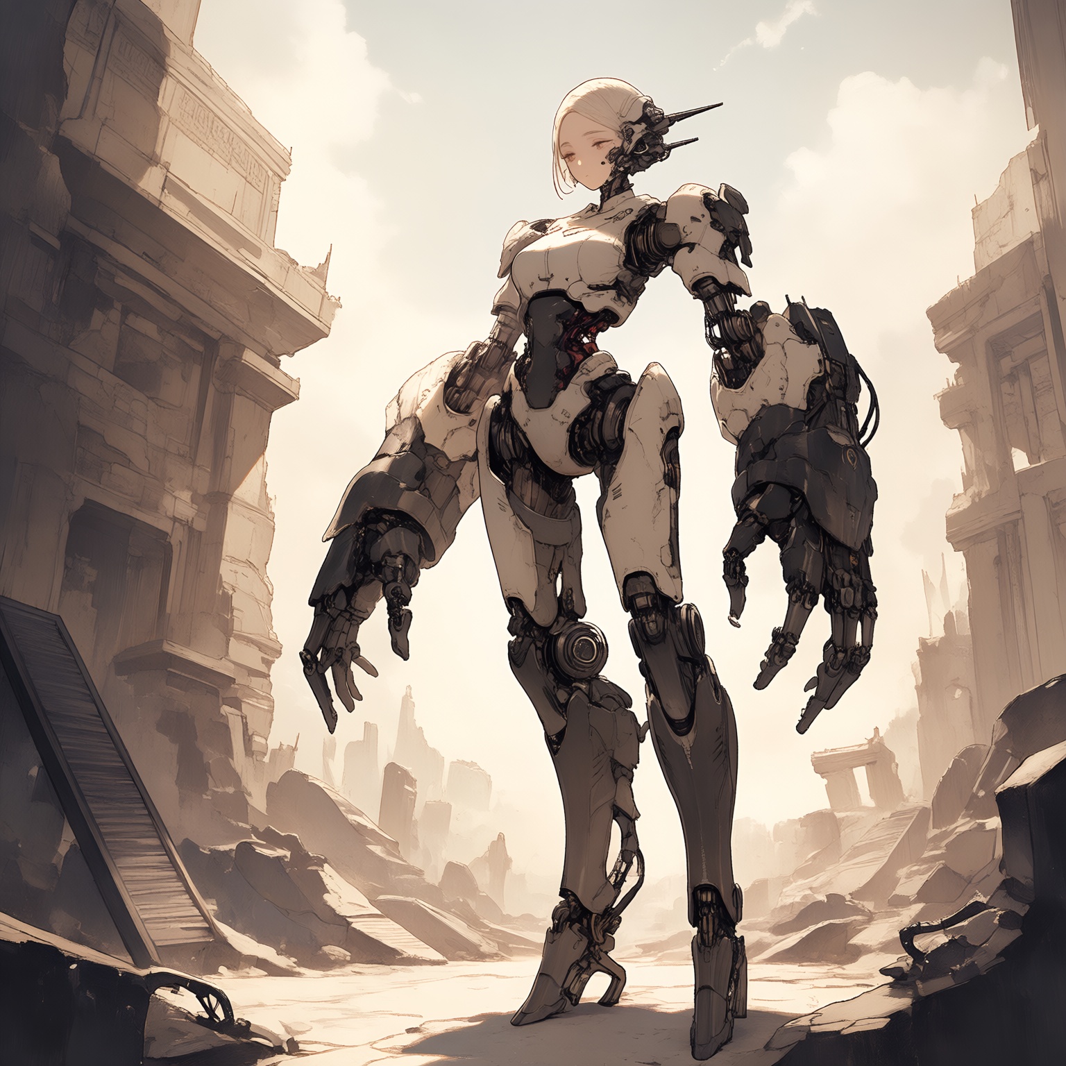 Create a scene in a desolate outdoor setting,  where a 1girl cyborg stands amidst ancient ruins. Her large,  mechanical ar...