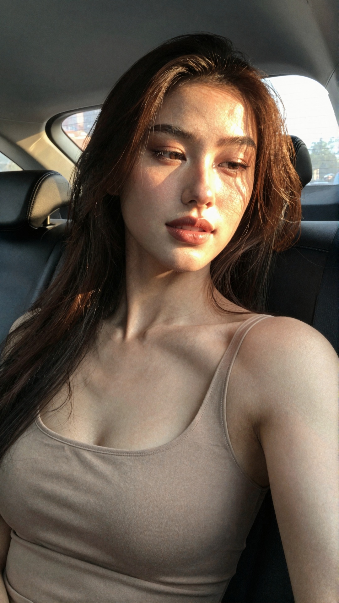 stunning woman,  warm light-medium beige skin,  almond dark brown eyes with lifted outer corners on Tensor.Art