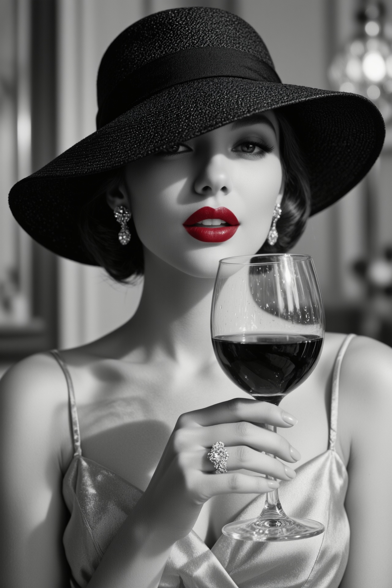 Fashion photography style,  a woman dressed in black and white,  wearing red lipstick on Tensor.Art