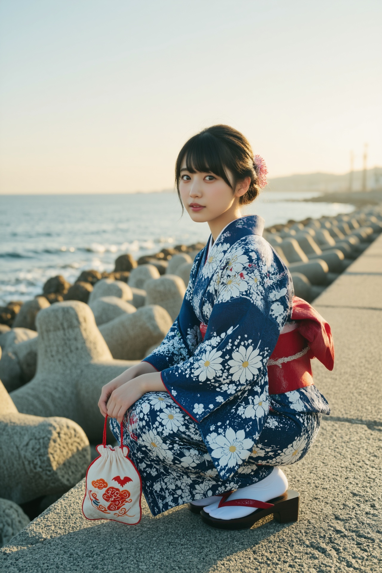 一位年轻日本女性身着深蓝色底白色菊花图案的传统和服,  腰间系着鲜红色宽幅腰带,  脚踩红黑相间的木屐 on Tensor.Art