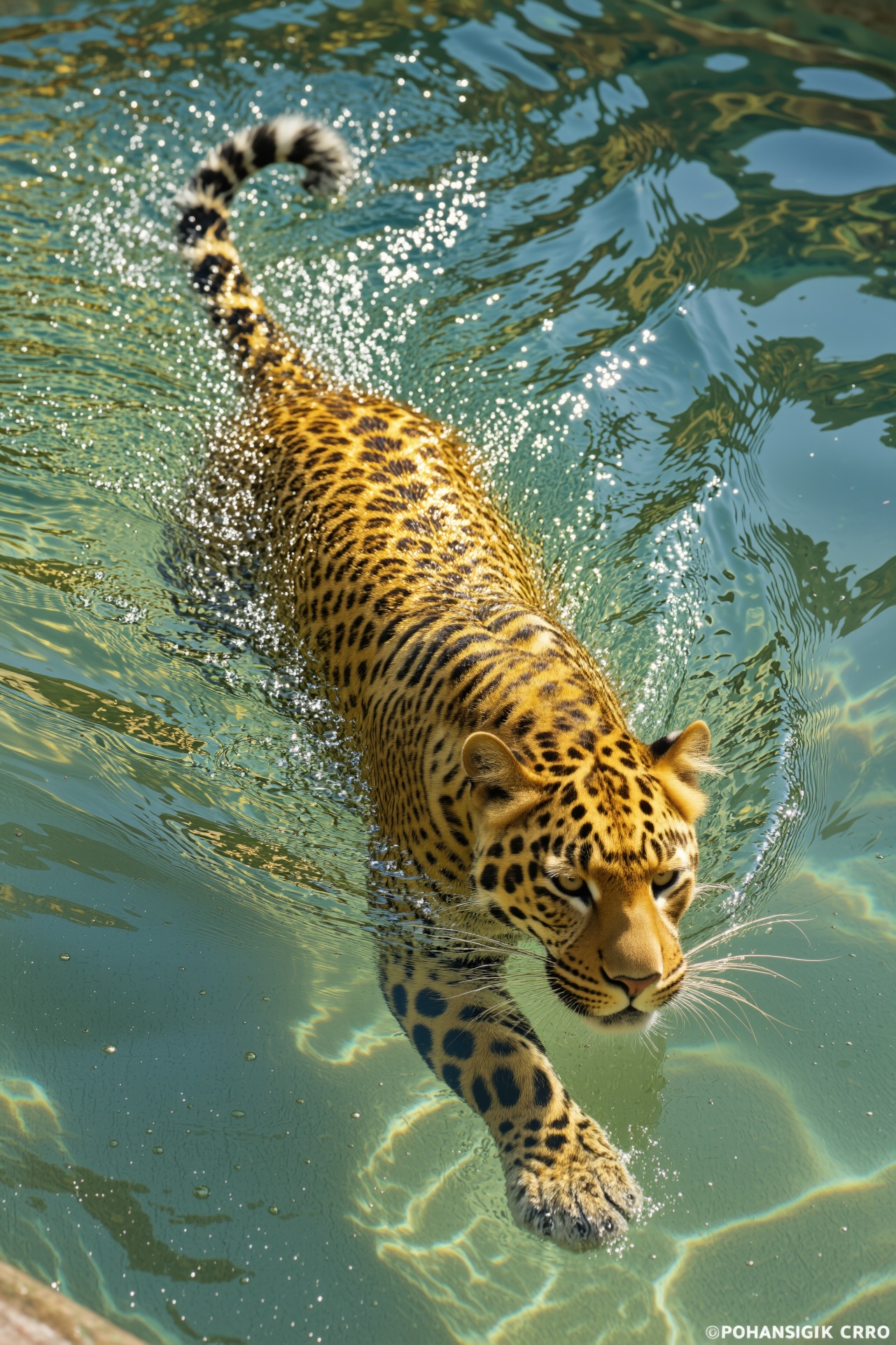 A golden leopard swimming in the pool,  its golden fur contrasting with the golden water ripples on its body. the shot is...