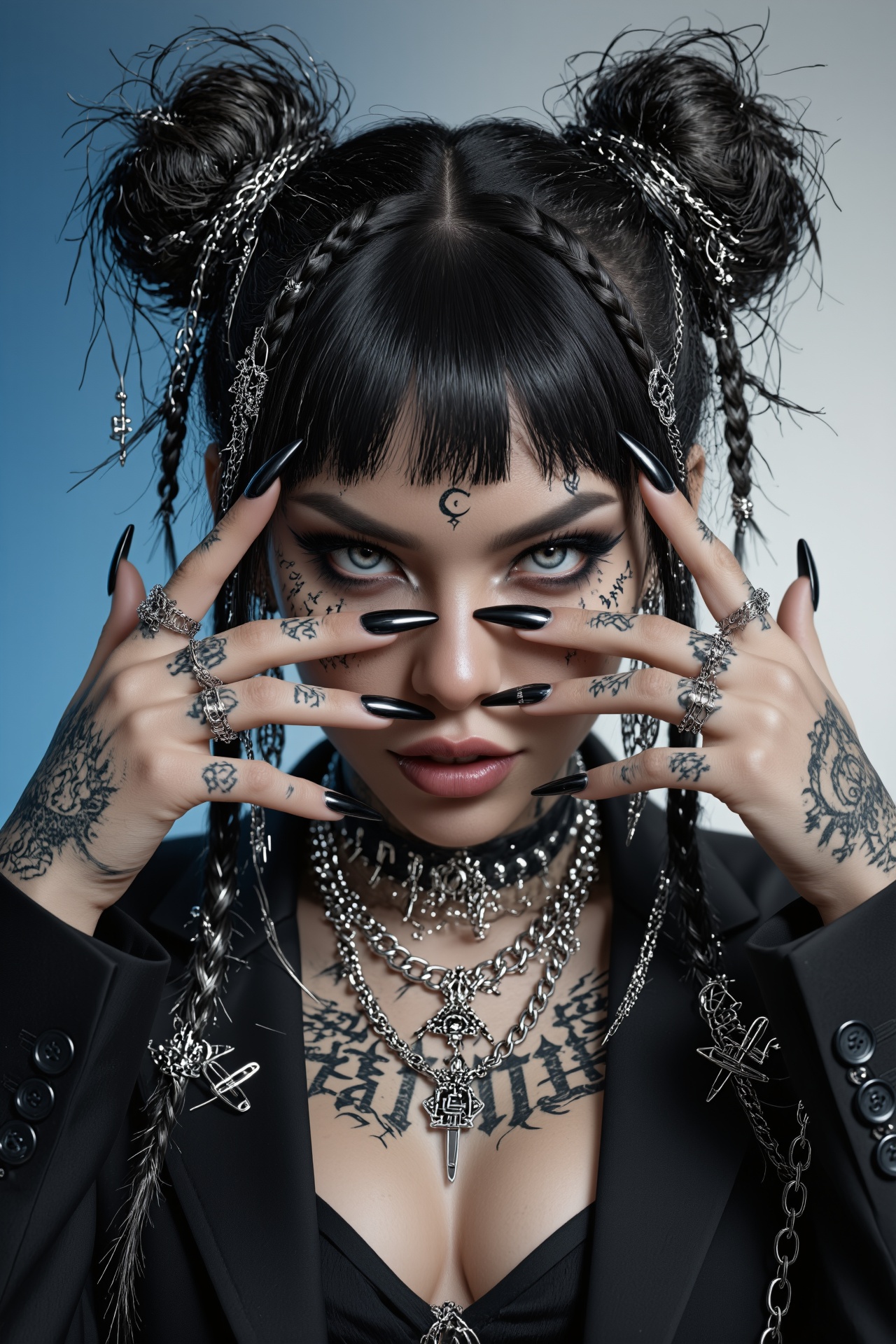 A hyperrealistic close-up portrait of a woman with an intense,  rebellious expression,  her light-colored eyes (blue or gr...