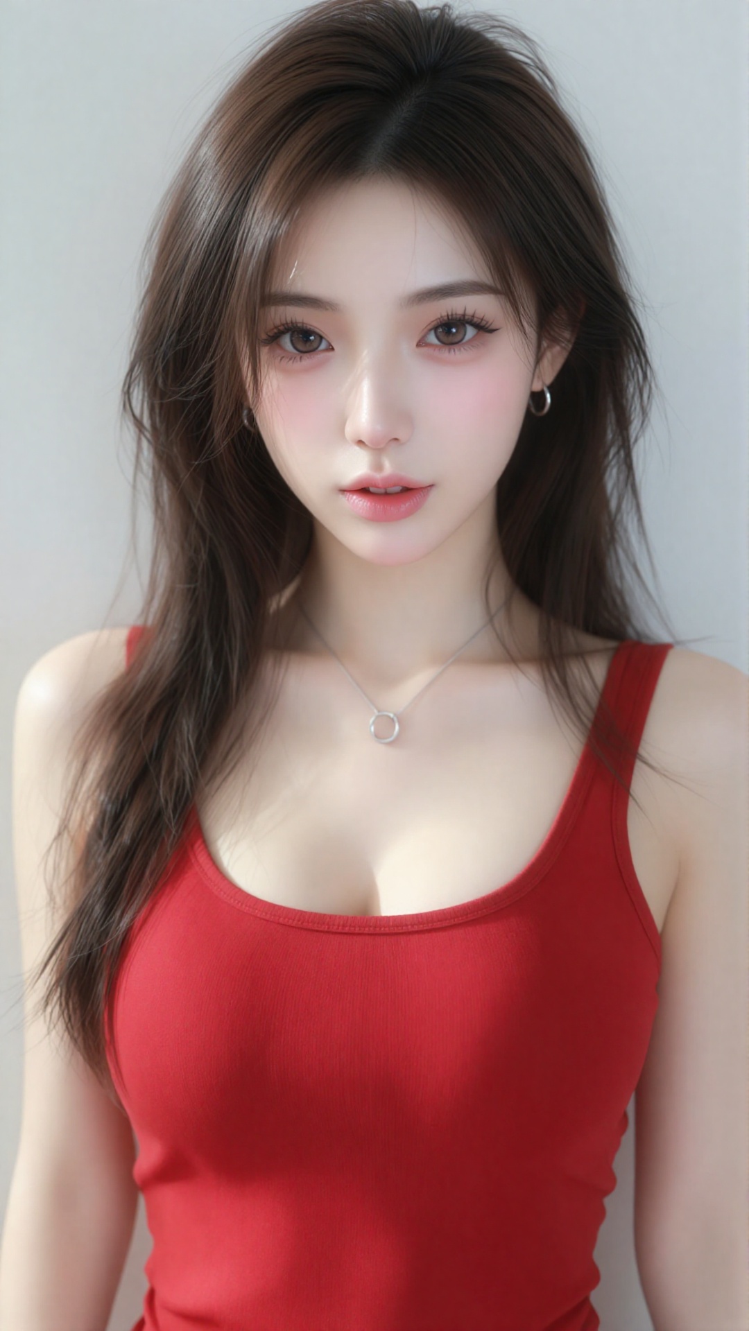 photograph of a young asian woman with fair skin and delicate features,  she has long,  brown hair styled in a loose side...