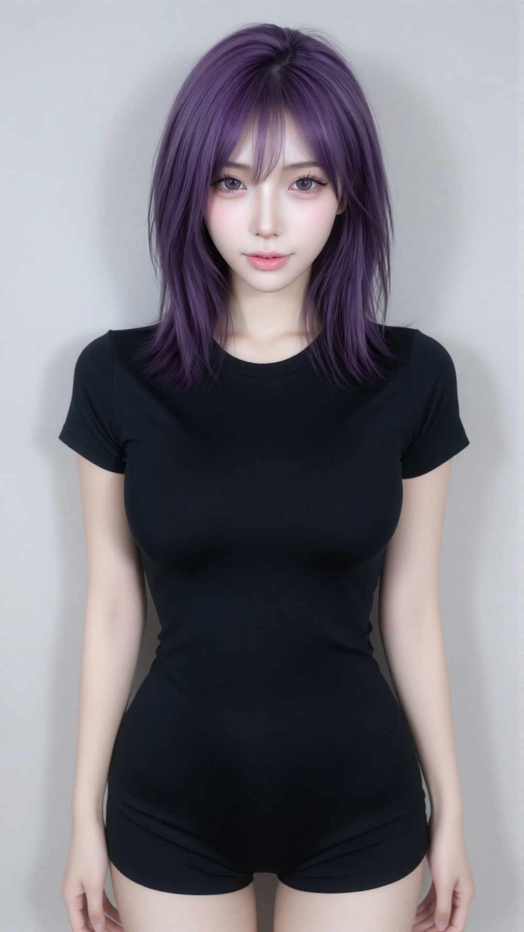 photograph of an east asian woman with pale skin and straight,  shoulder-length purple hair with bangs,  she has large on...