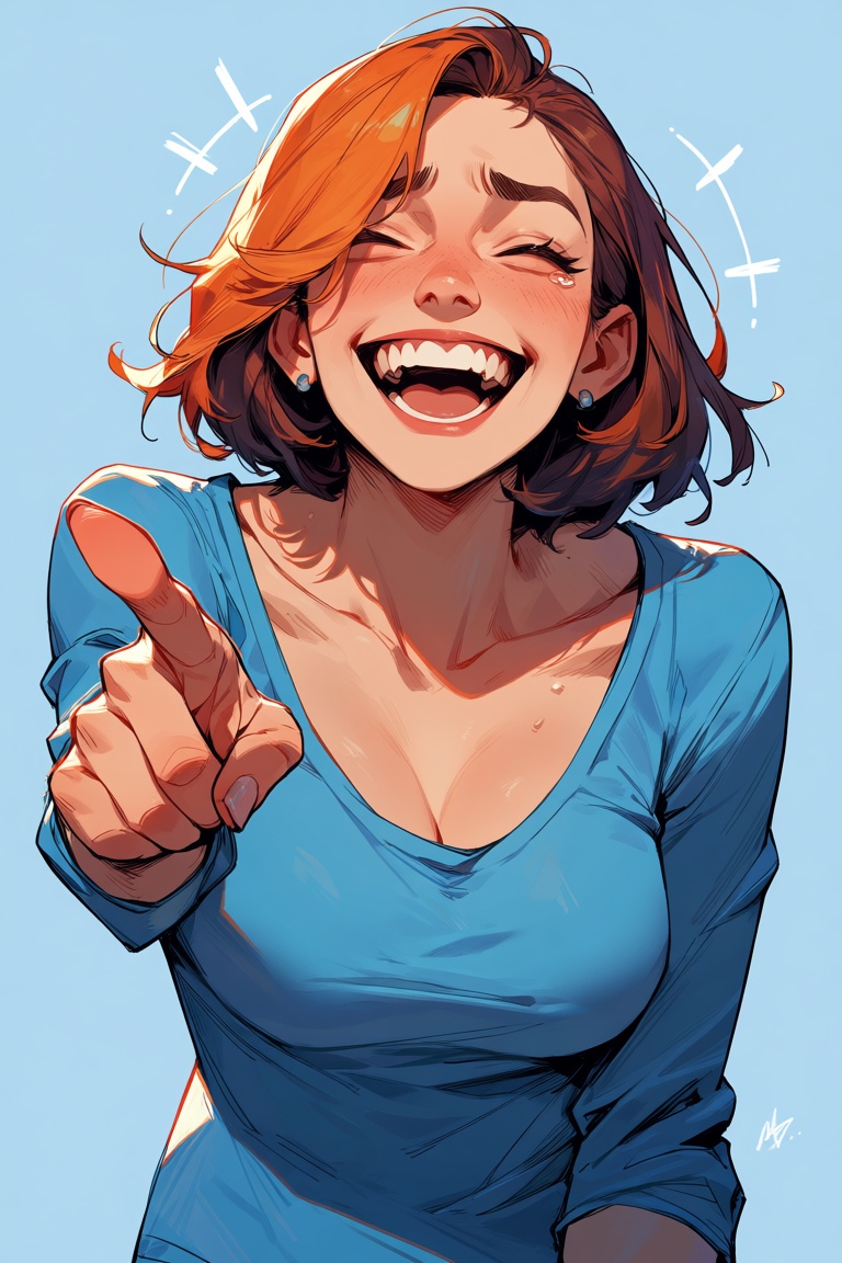 high quality,  Best Quality,  A woman pointing and laughing at the viewer. She is laughing so hard she is almost crying. o...