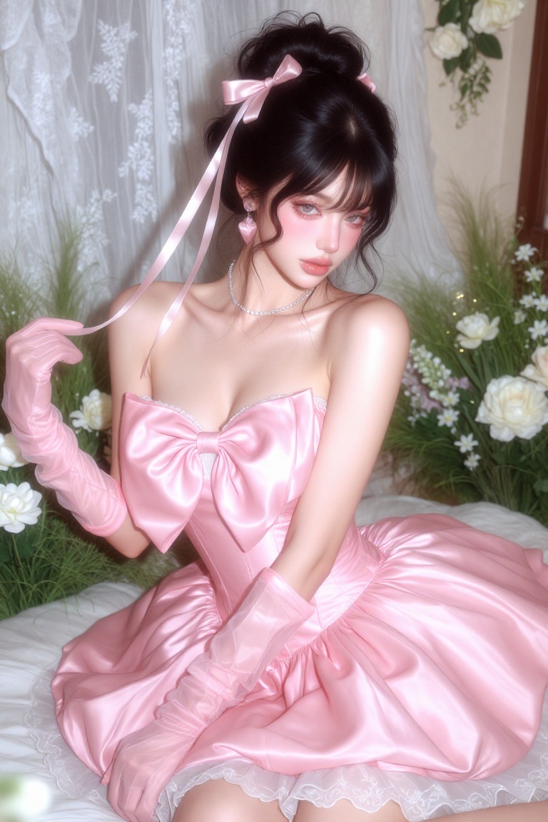 A young woman with dark hair styled in a high ponytail with long,  flowing pink ribbons sits gracefully on a bed,  wears a...