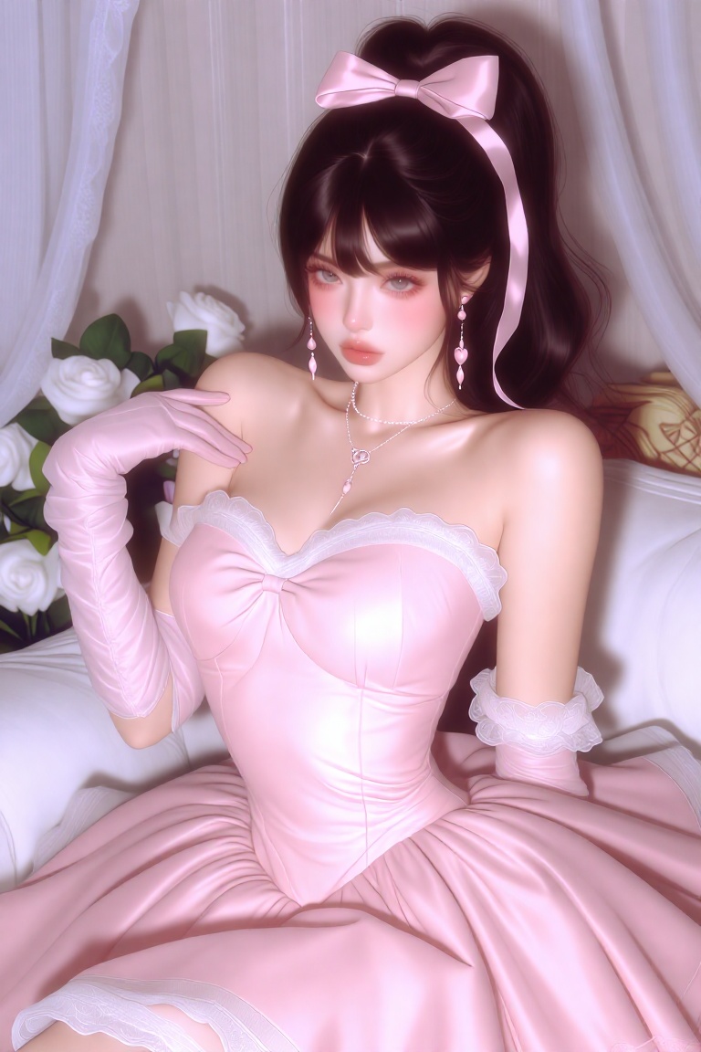 A young woman with dark hair styled in a high ponytail with long,  flowing pink ribbons sits gracefully on a bed,  wears a...