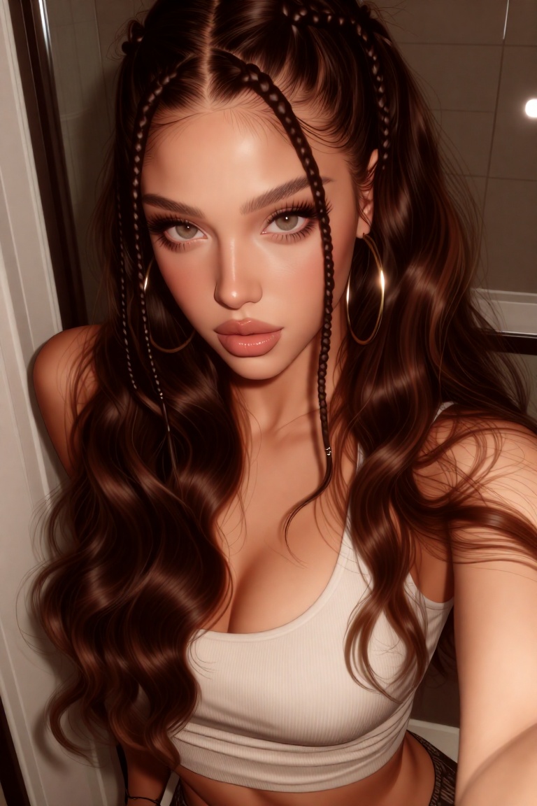 A close-up portrait of a young woman with a confident,  direct gaze,  captured in a selfie-style composition. She has fair...