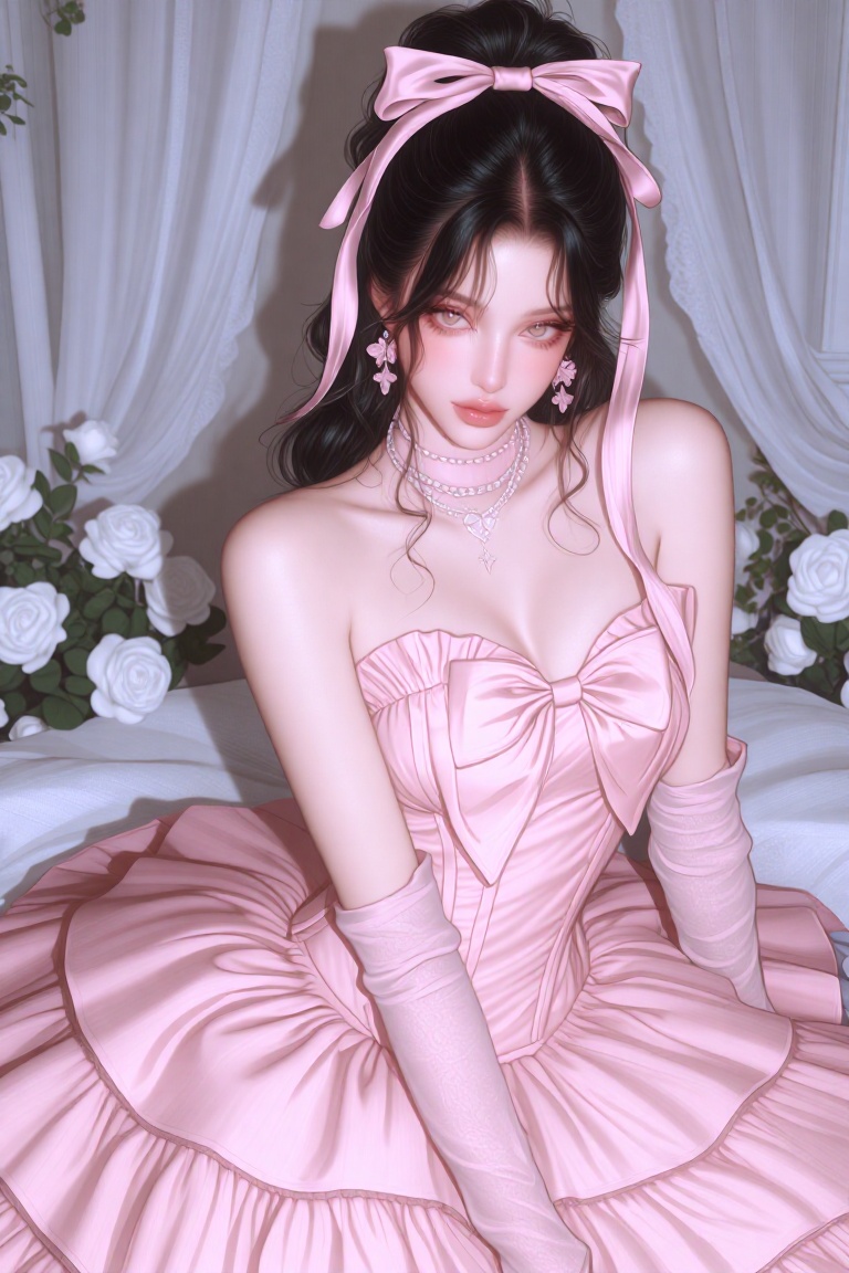 A young woman with dark hair styled in a high ponytail with long,  flowing pink ribbons sits gracefully on a bed,  wears a...