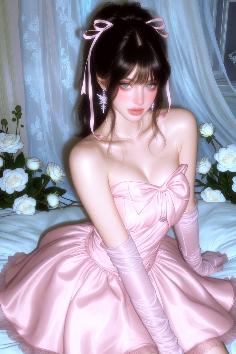 A young woman with dark hair styled in a high ponytail with long,  flowing pink ribbons sits gracefully on a bed,  wears a...