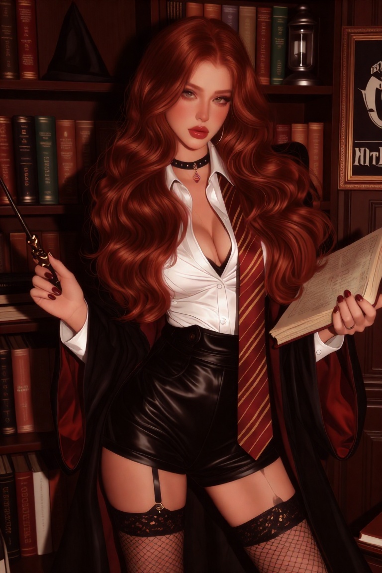 A young woman with long,  wavy red hair and fair skin stands in a cozy,  book-filled study on Tensor.Art