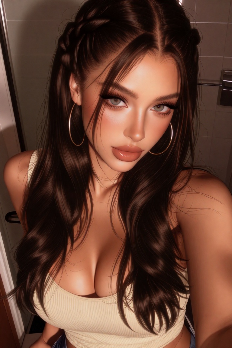 A close-up portrait of a young woman with a confident,  direct gaze,  captured in a selfie-style composition. She has fair...