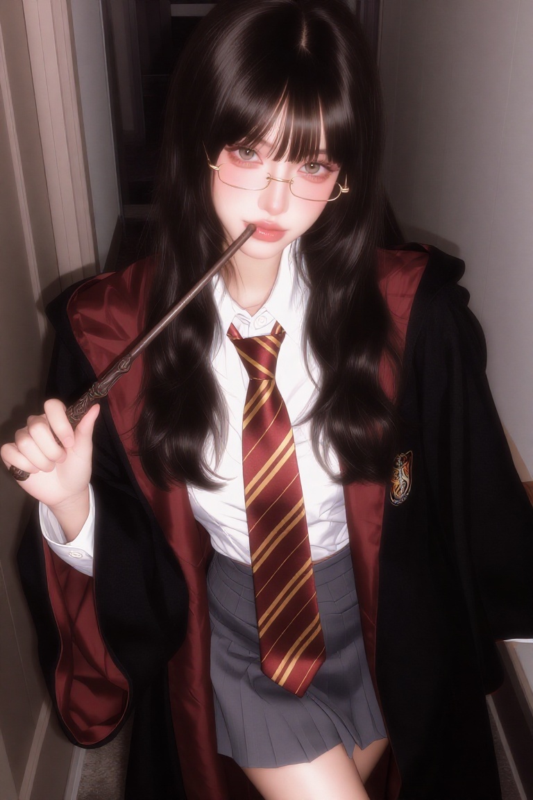 Close-up portrait of a young woman in a Harry Potter-inspired Hogwarts uniform,  standing in a modern hallway. She has lon...