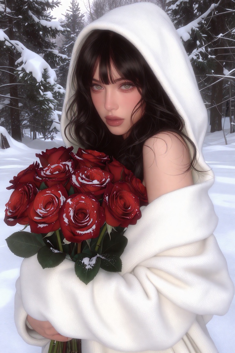 A woman stands in a snowy forest,  she has dark,  wavy hair with bangs on Tensor.Art
