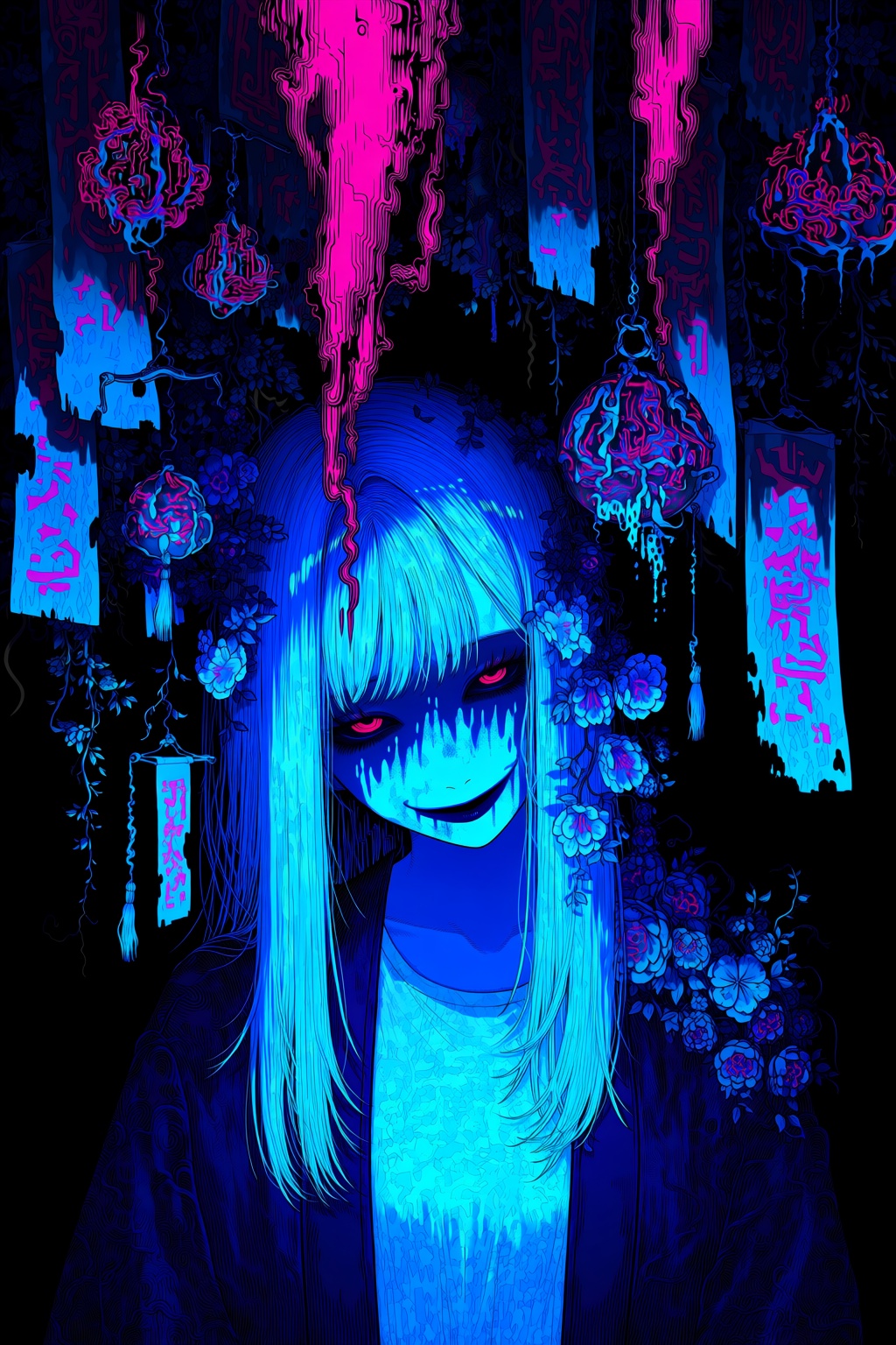 @HAUNSIS,  a creepy girl with long pale hair and glowing crimson eyes,  wearing a dark tattered outfit with a white inner...