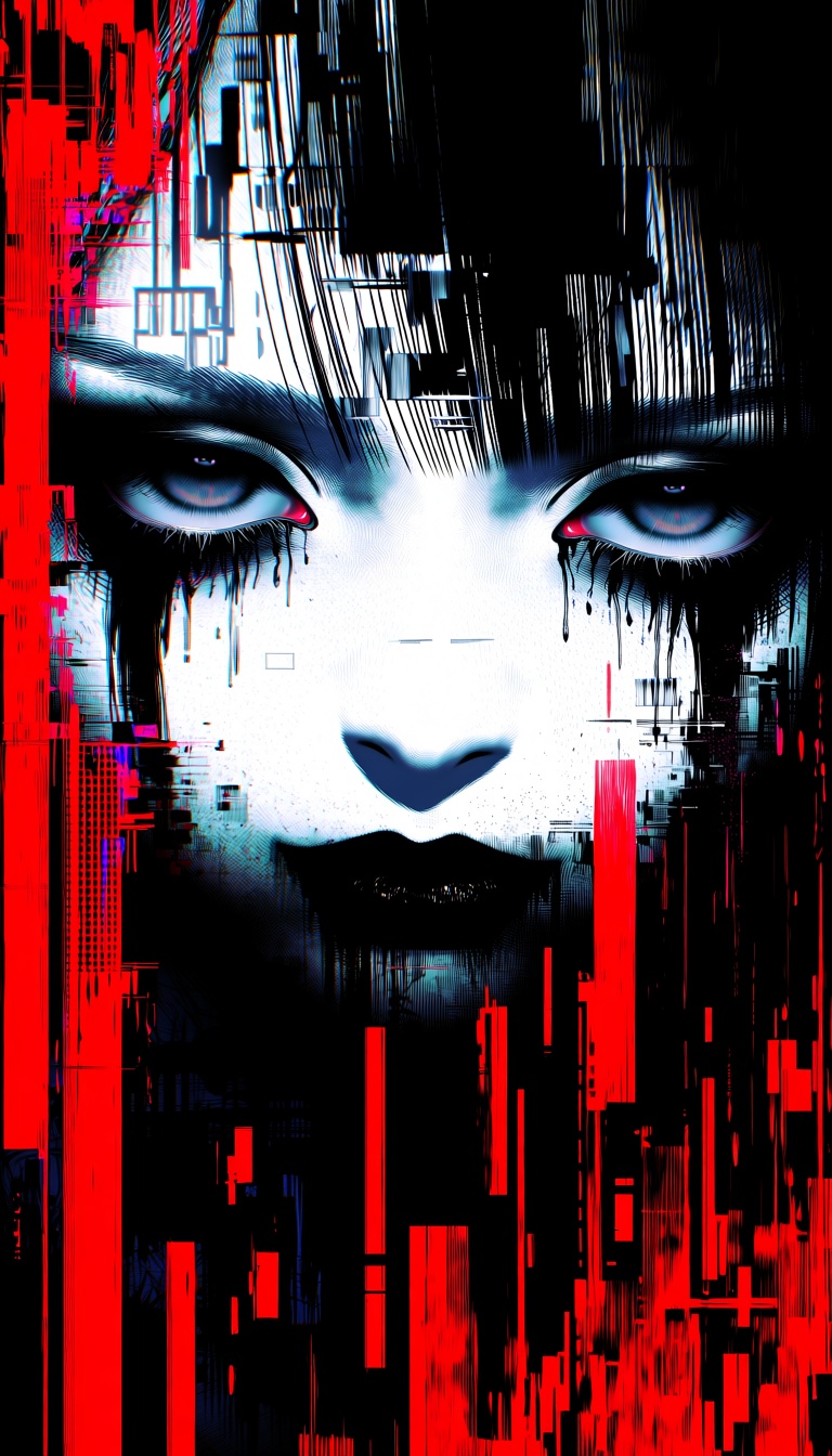 @HAUNSIS,  A dramatic and stylized close-up portrait in a glitch art aesthetic. The subject features intense,  piercing ey...