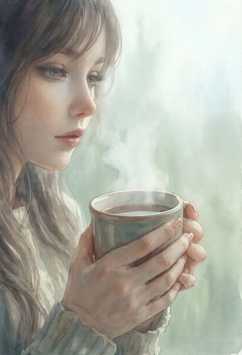 softwatercolor scene of a woman holding a warm ceramic mug in both hands,  looking thoughtfully out at a misty morning. So...