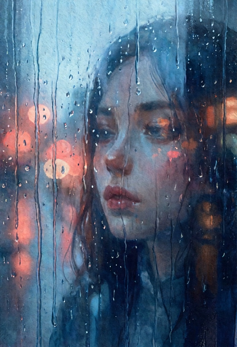 softwatercolor painting of a woman looking through a rain-streaked windowpane. The focus is atmospheric,  with blurred ref...