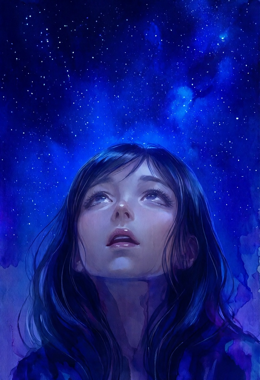 softwatercolor,  a woman viewed from a low angle,  her head tilted directly upward toward a vast sky on Tensor.Art