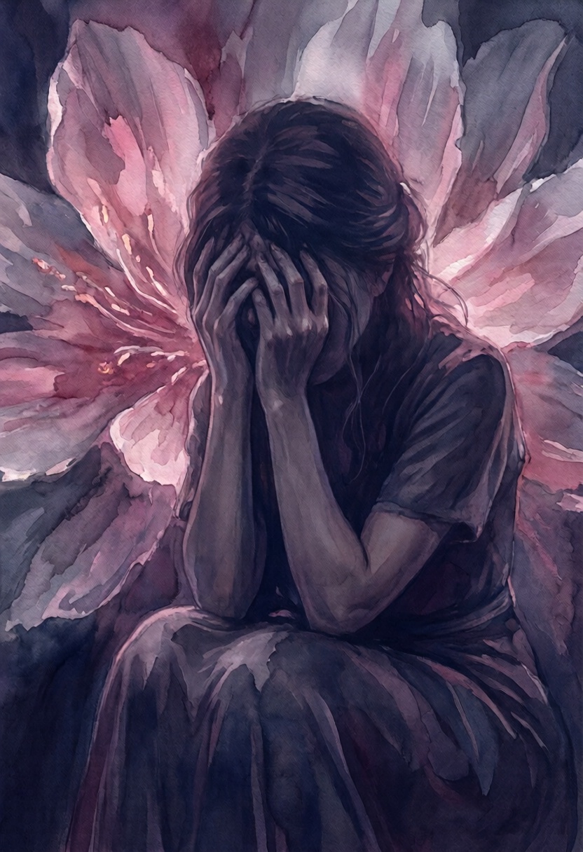 softwatercolor,  a raw,  emotional depiction of a woman seated with her elbows resting on her knees on Tensor.Art