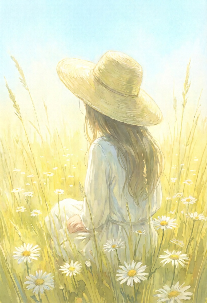 softwatercolor depiction of a woman sitting in a field of tall grass and daisies,  viewed from behind. She wears a wide-br...