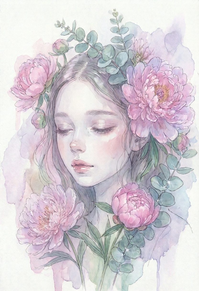 softwatercolor portrait of a woman with her eyes closed,  surrounded by a delicate wreath of wild peonies and eucalyptus l...