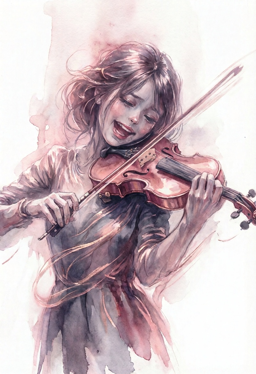 softwatercolor illustration of an expressive female violinist lost in her music. The movement of the bow is captured throu...