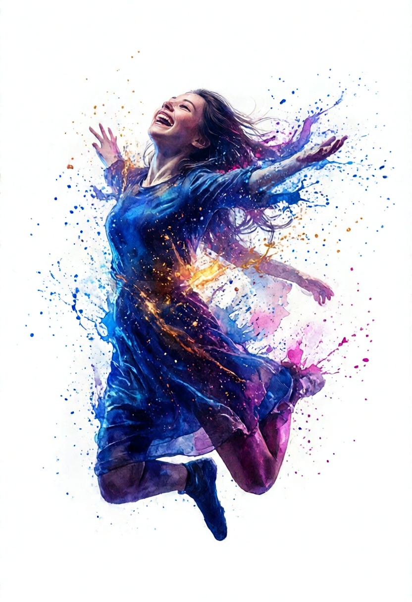 softwatercolor,  a dynamic full-body shot of a woman caught mid-leap,  arms thrown wide to the sky with a brilliant on Ten...