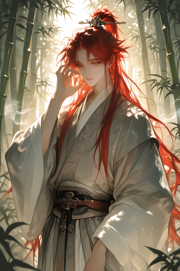 A male figure stands in a bamboo forest under dappled sunlight,  his expressionless face framed by parted bangs. His long,...