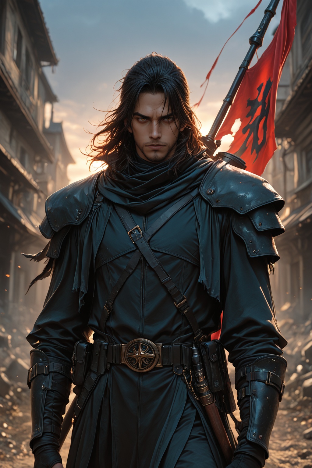 ........... Rebel leader rallying troops A charismatic man with unkempt hair and a torn red banner draped over his shoulde...