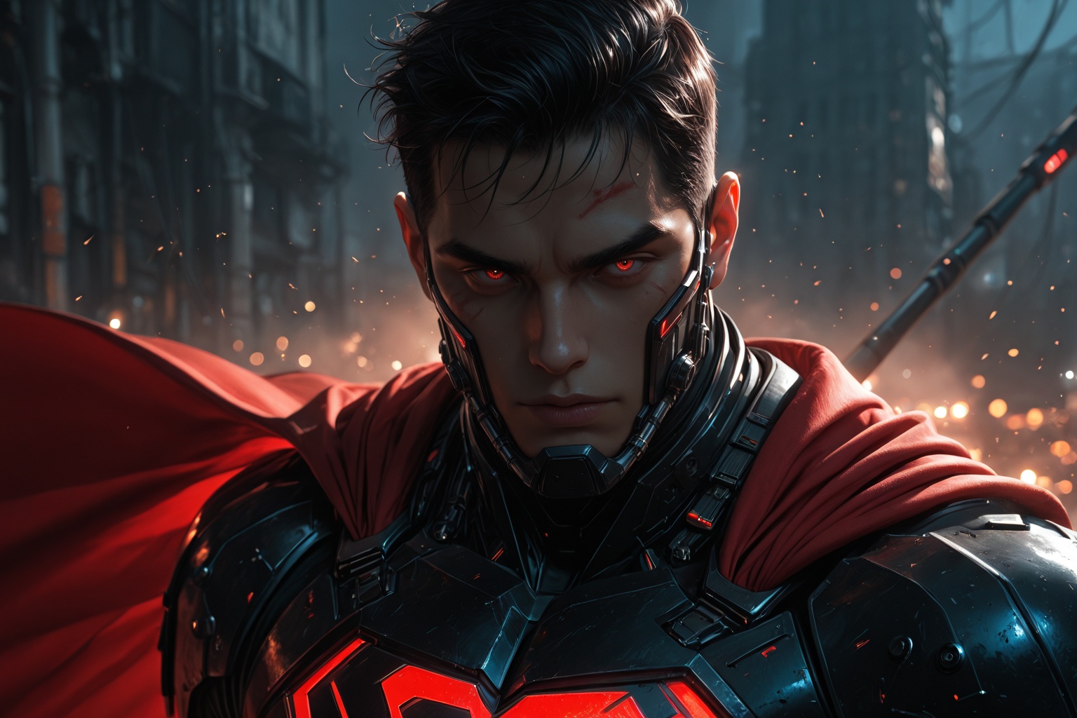 .......... ),  ((Superman)) in futuristic black armored suit with glowing red neon accents,  open detailed face fully visi...