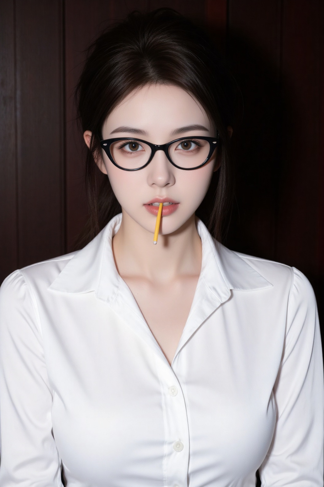 a medium-sized Asian woman with dark brown hair,  wearing a white button-down collared button-up shirt,  is holding a yell...