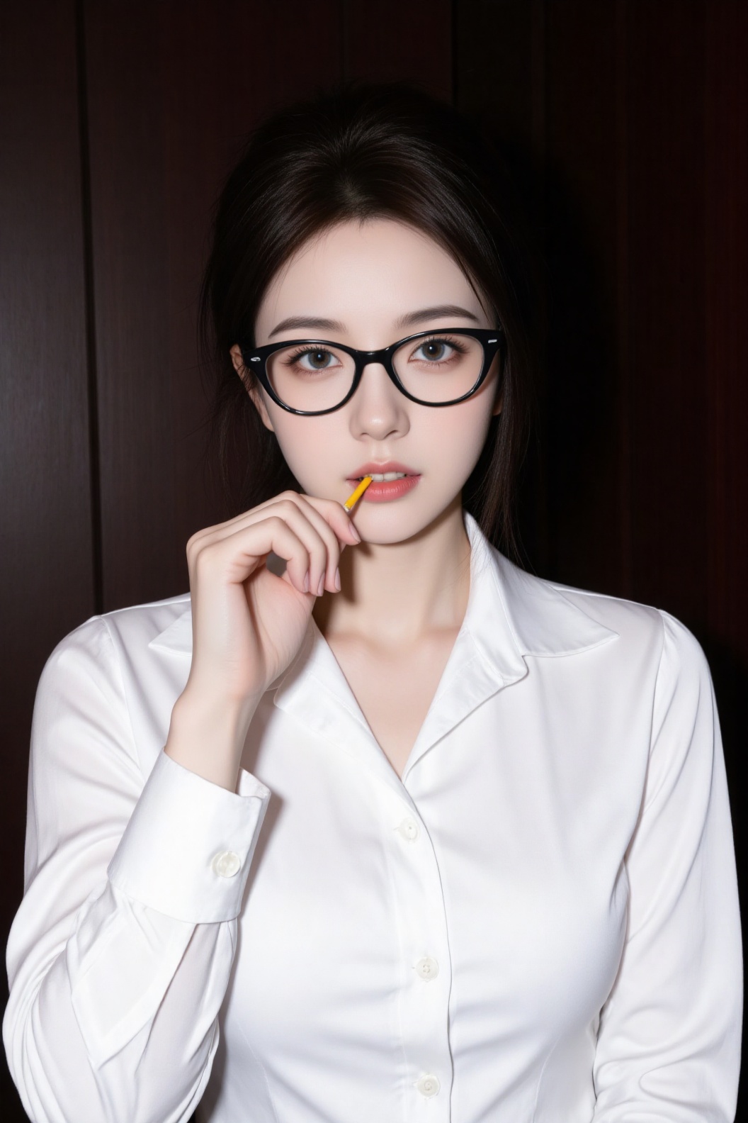 a medium-sized Asian woman with dark brown hair,  wearing a white button-down collared button-up shirt,  is holding a yell...