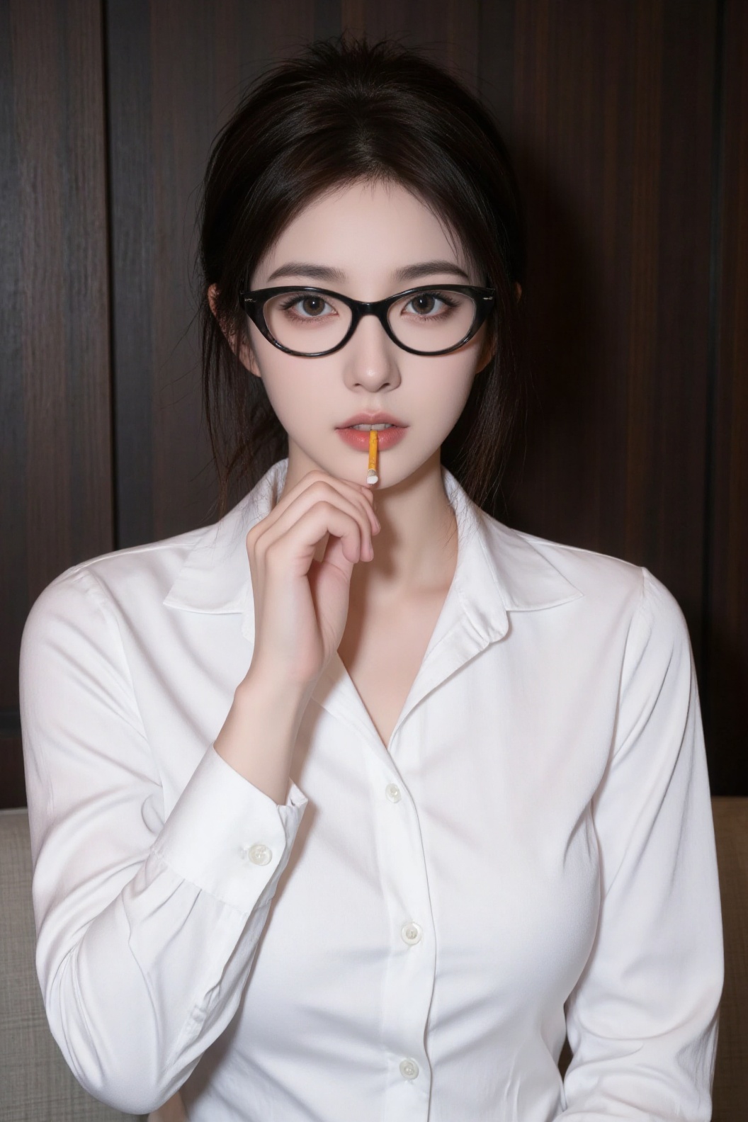 a medium-sized Asian woman with dark brown hair,  wearing a white button-down collared button-up shirt,  is holding a yell...
