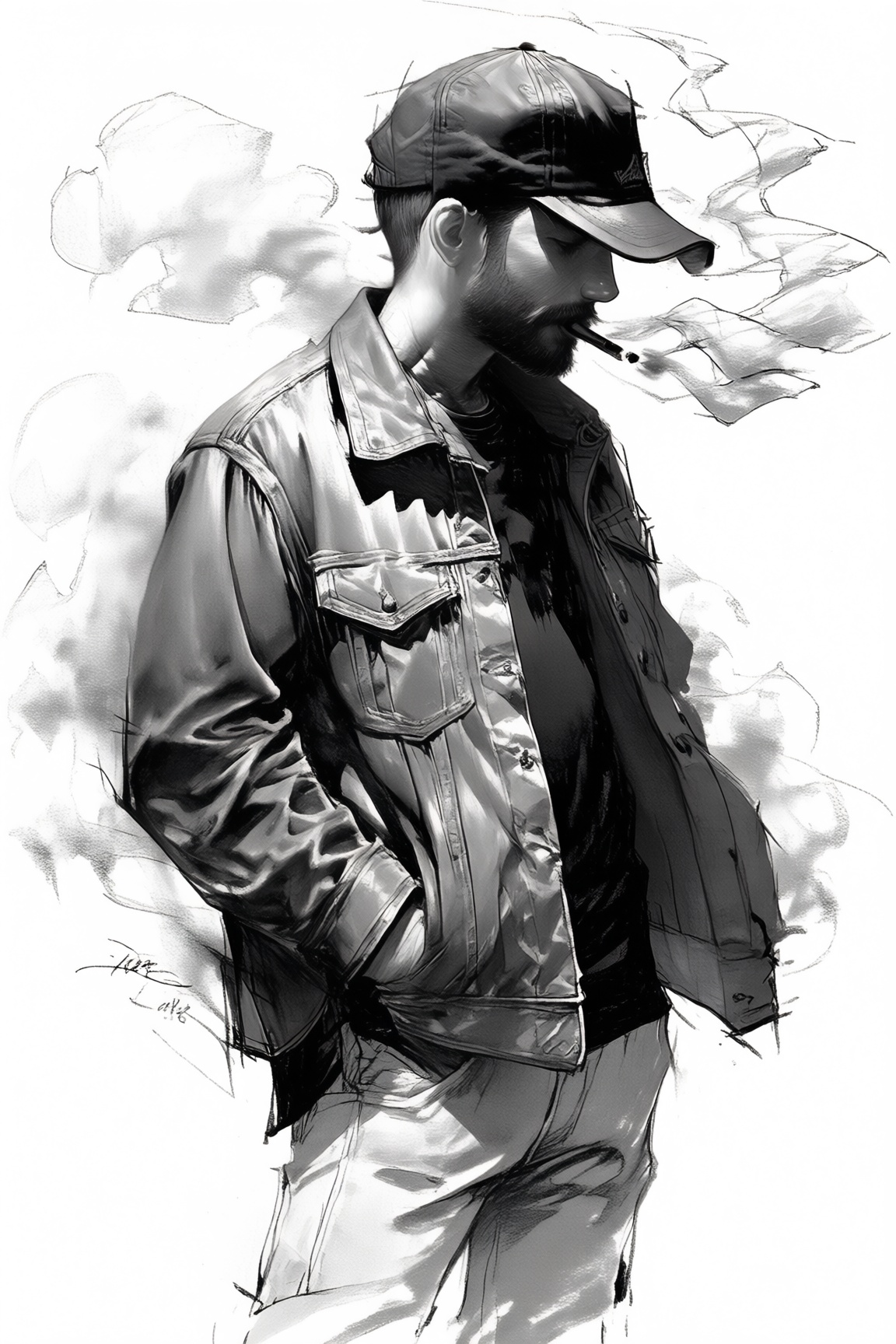 charcoal \(medium\),  hat,  monochrome on Tensor.Art