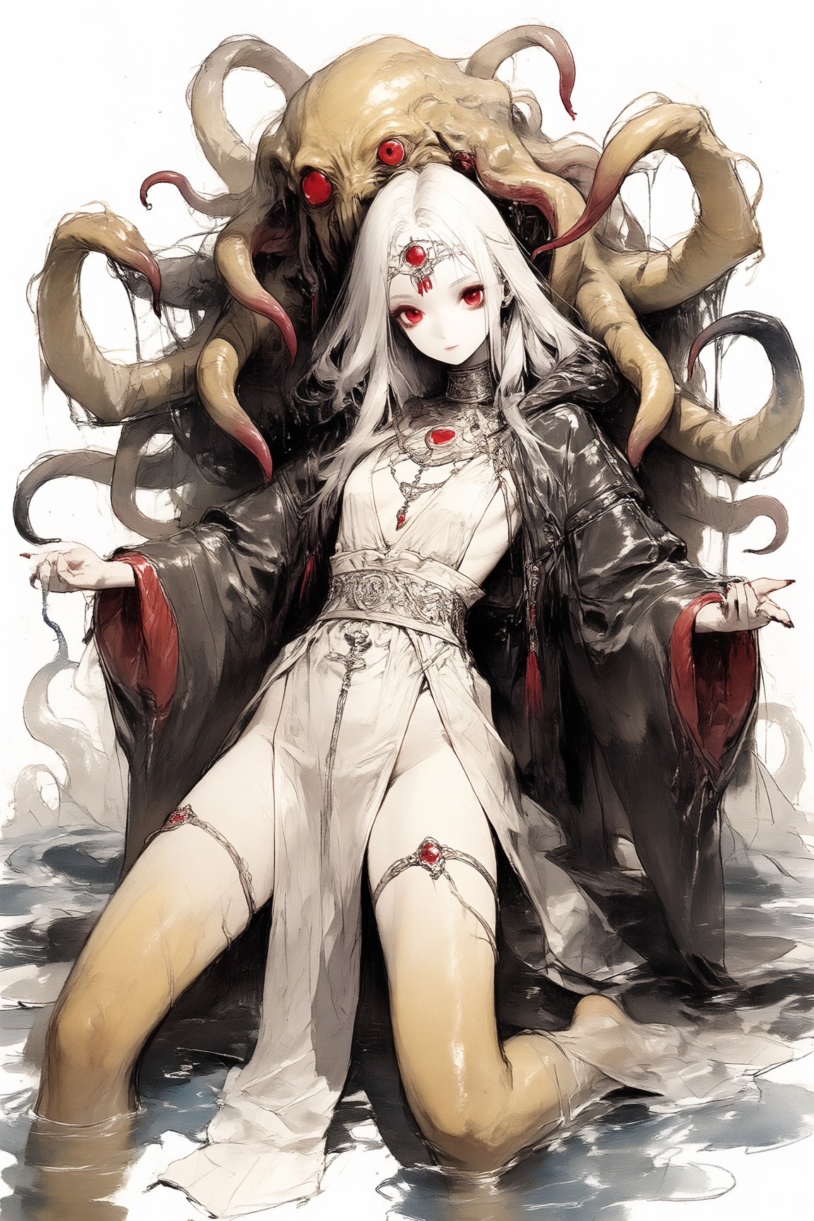 1girl,  red eyes,  white hair on Tensor.Art