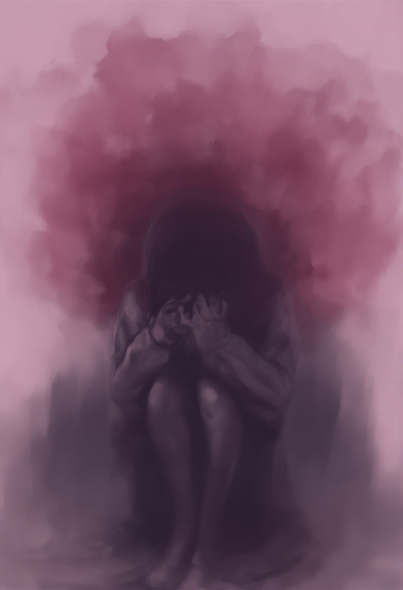 softwatercolor,  a raw,  emotional depiction of a woman seated with her elbows resting on her knees on Tensor.Art