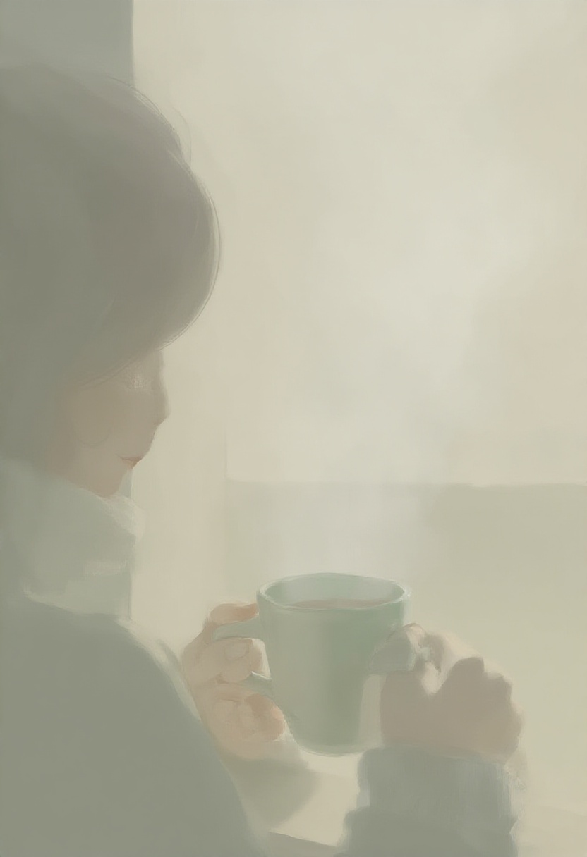 softwatercolor scene of a woman holding a warm ceramic mug in both hands,  looking thoughtfully out at a misty morning. So...