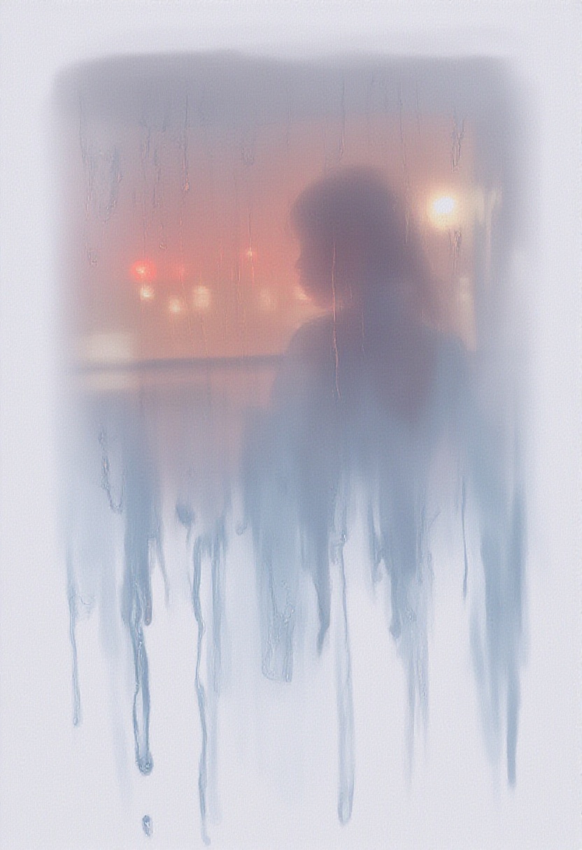 softwatercolor painting of a woman looking through a rain-streaked windowpane. The focus is atmospheric,  with blurred ref...