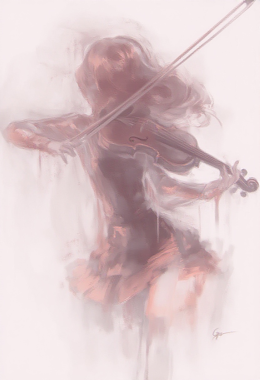 softwatercolor illustration of an expressive female violinist lost in her music. The movement of the bow is captured throu...
