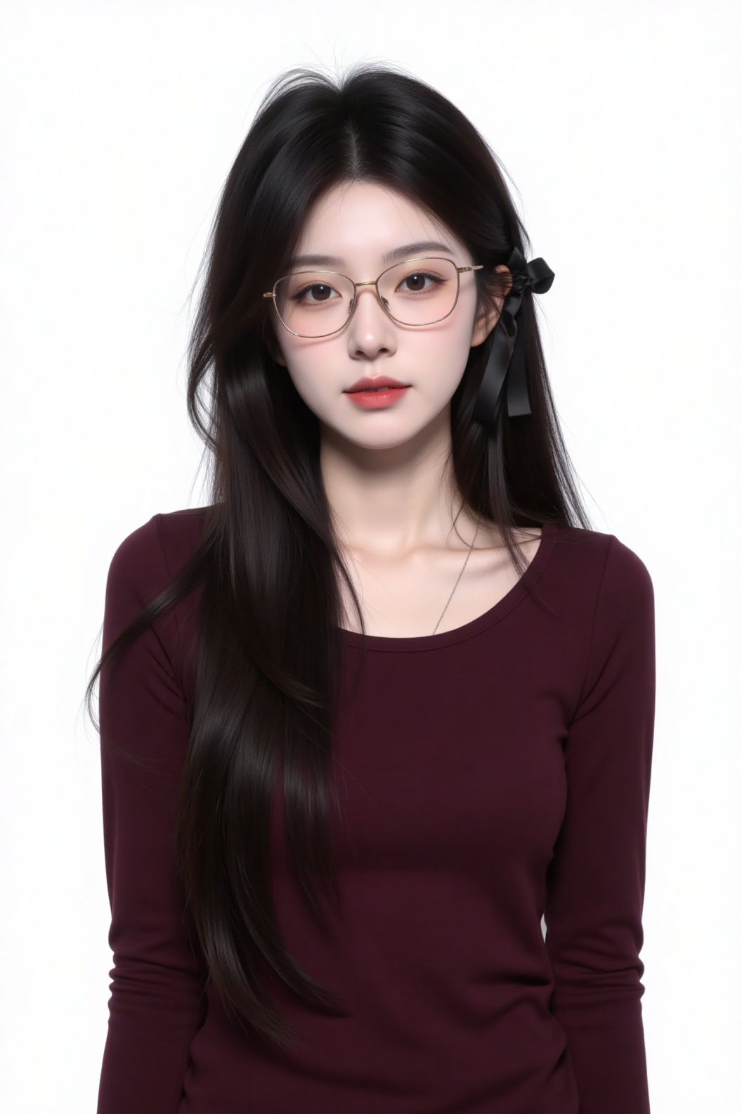 The image depicts a digital artwork of a young woman with long,  dark hair styled with a black ribbon. She is wearing glas...
