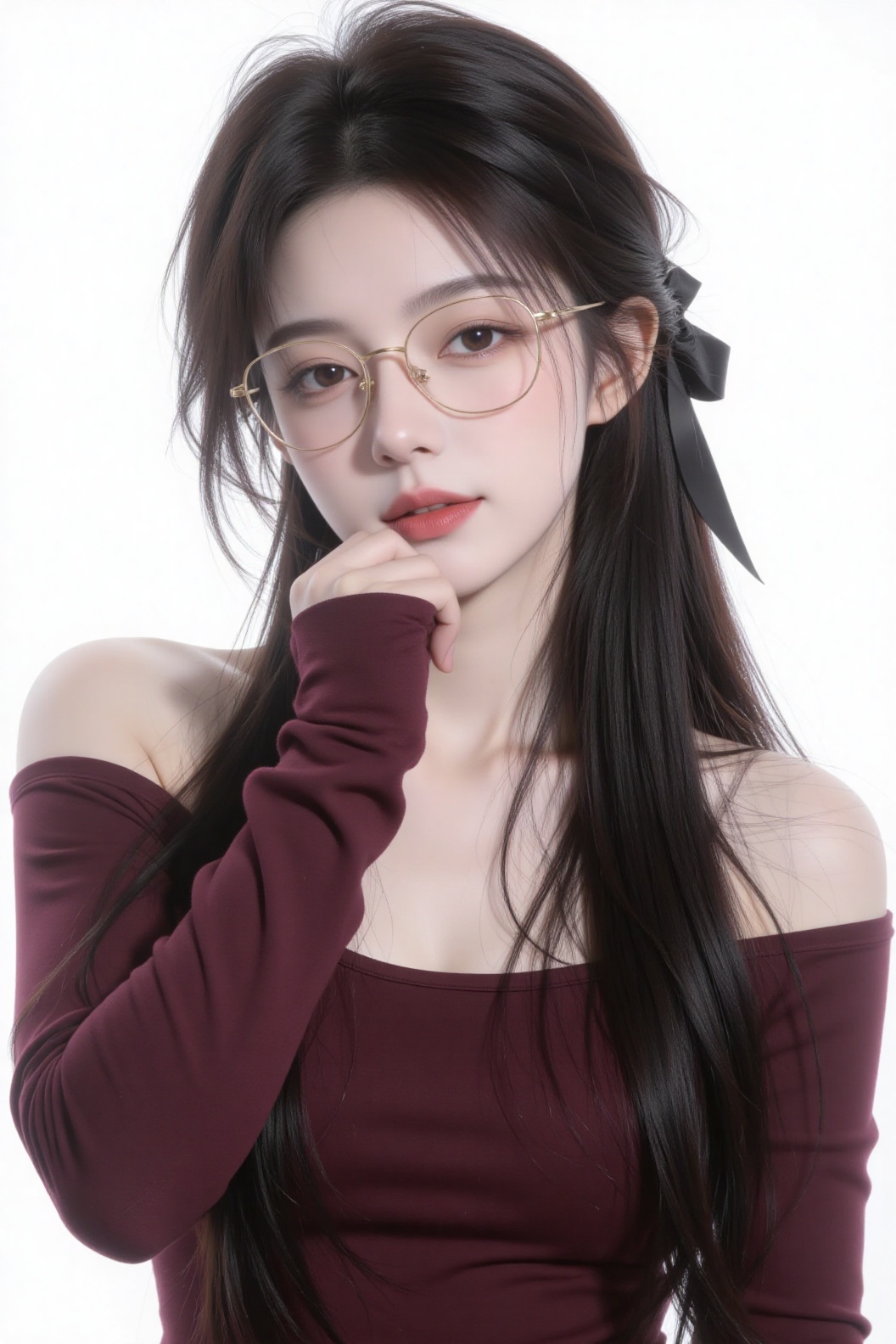 The image depicts a digital artwork of a young woman with long,  dark hair styled with a black ribbon. She is wearing glas...