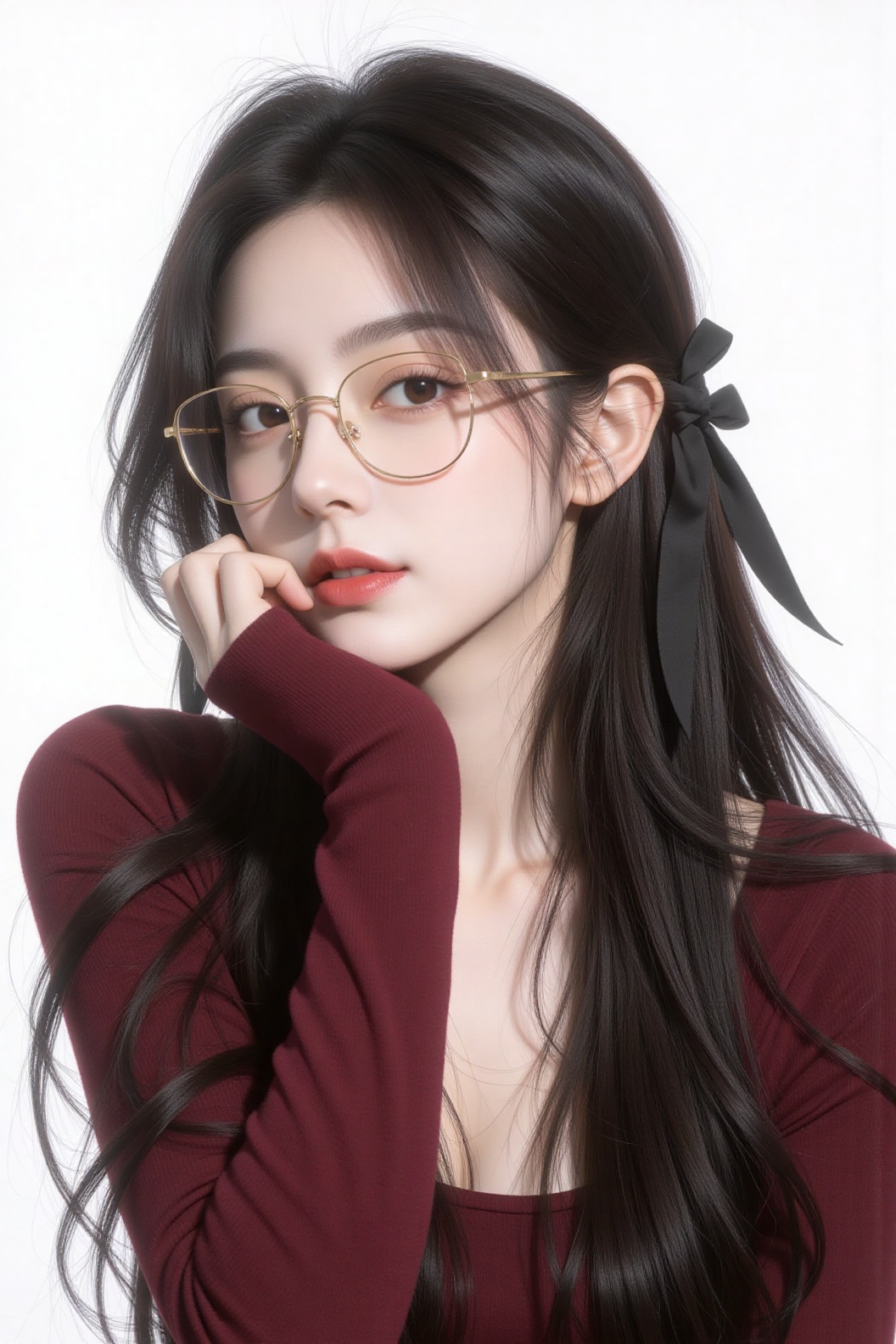 The image depicts a digital artwork of a young woman with long,  dark hair styled with a black ribbon. She is wearing glas...
