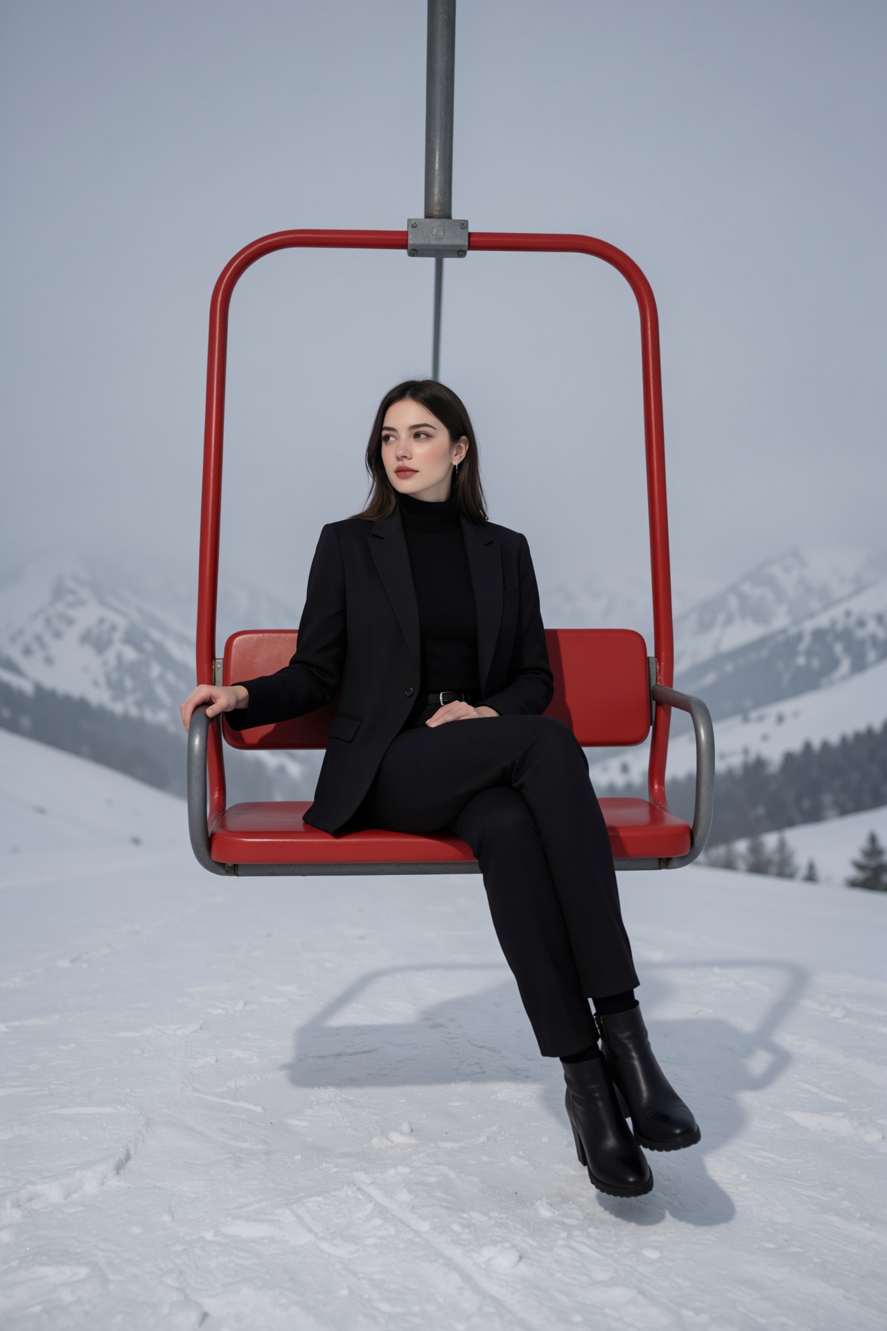 Hyperrealistic fashion editorial of a woman sitting casually on a red ski lift chair suspended high above snowy terrain,...