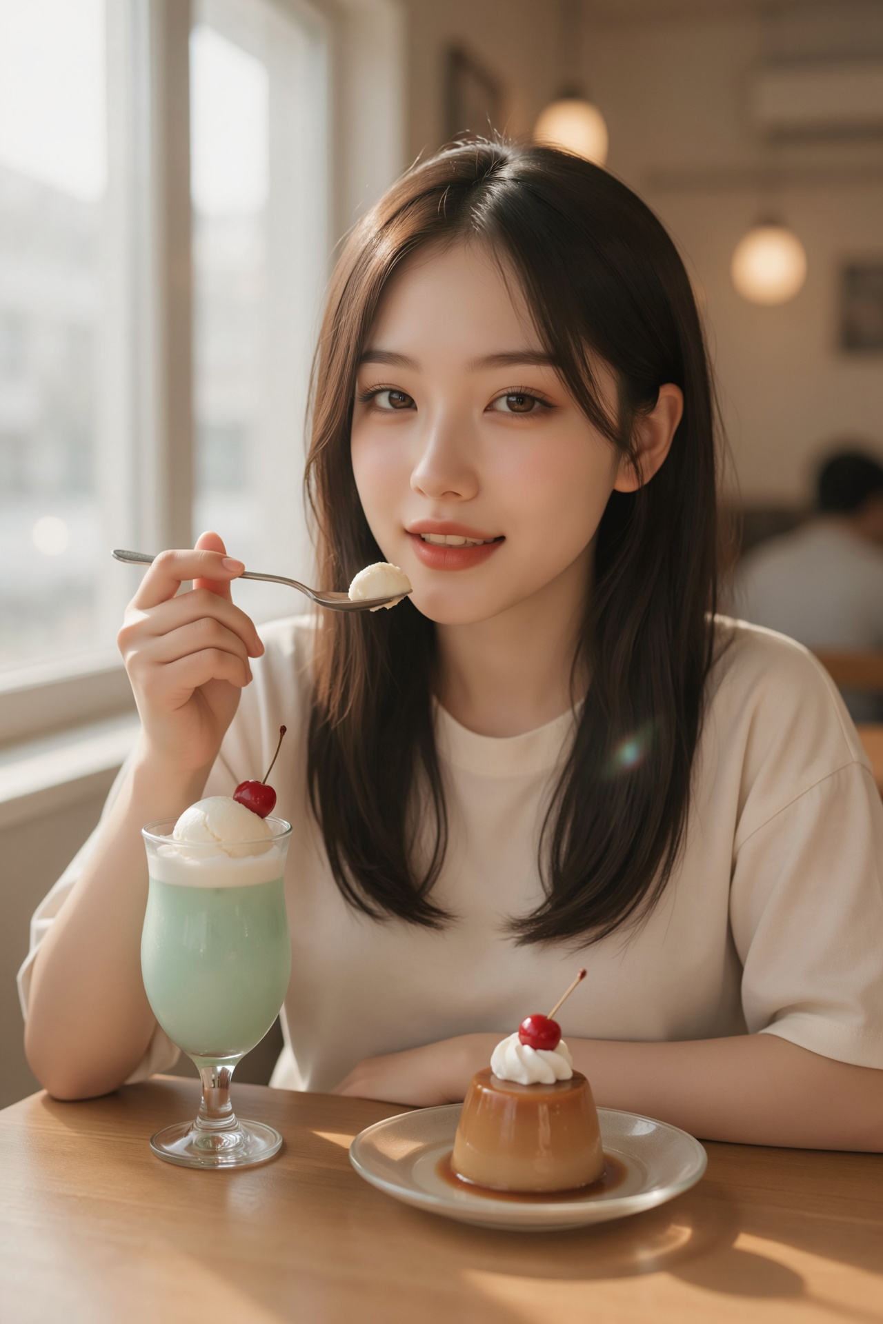 Dreamy retro cafe cinematic portrait,  vertical 2:3 composition,  a Korean idol-style teenage girl softly eating a vintage...