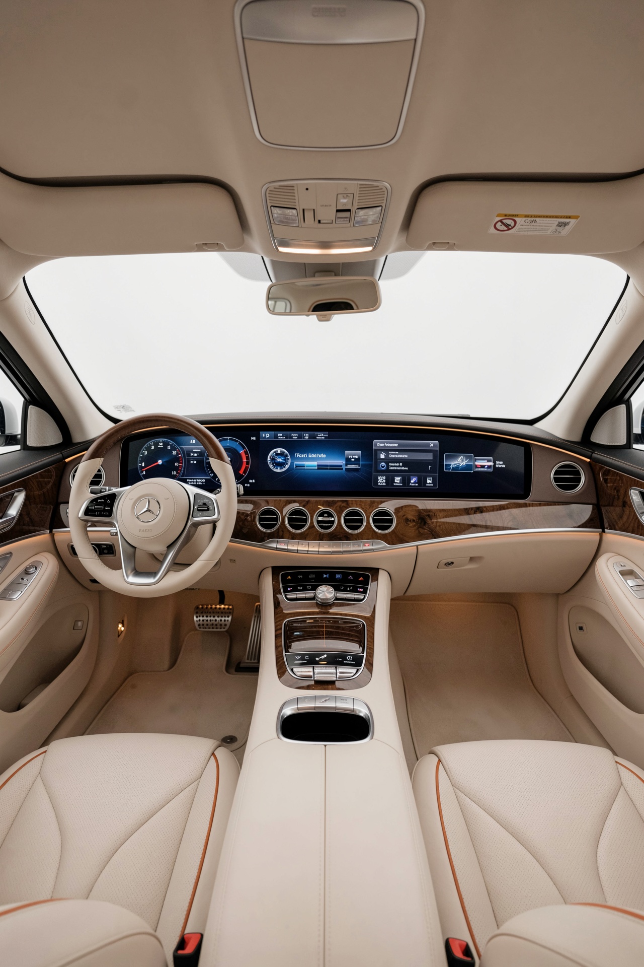 Ultra realistic cinematic photograph of the full interior dashboard of a Mercedes-Maybach S680,  ultra wide 180-degree pan...